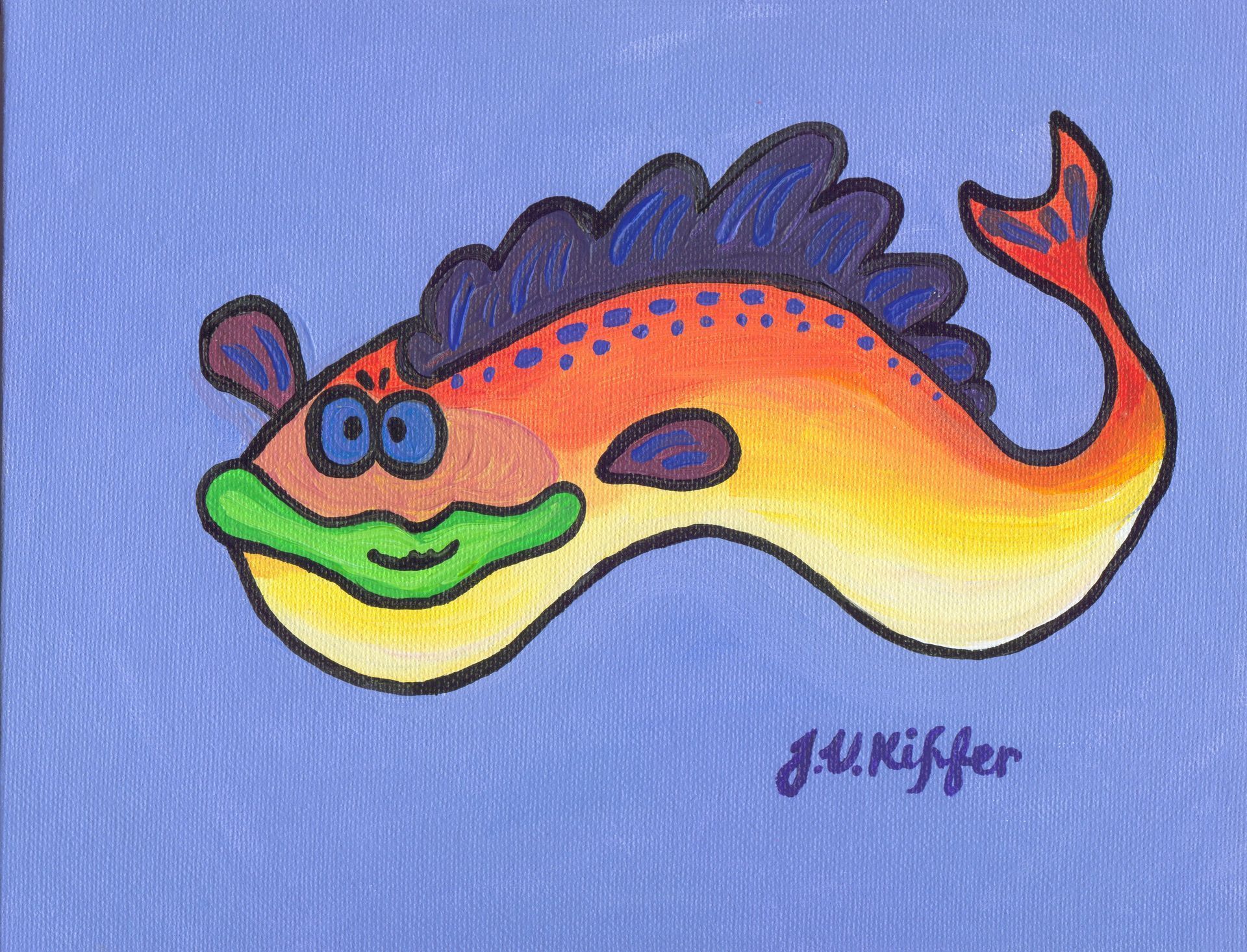 A cartoon fish with orange body, blue spiky back fin, and green mouth on a blue background. It is smiling.