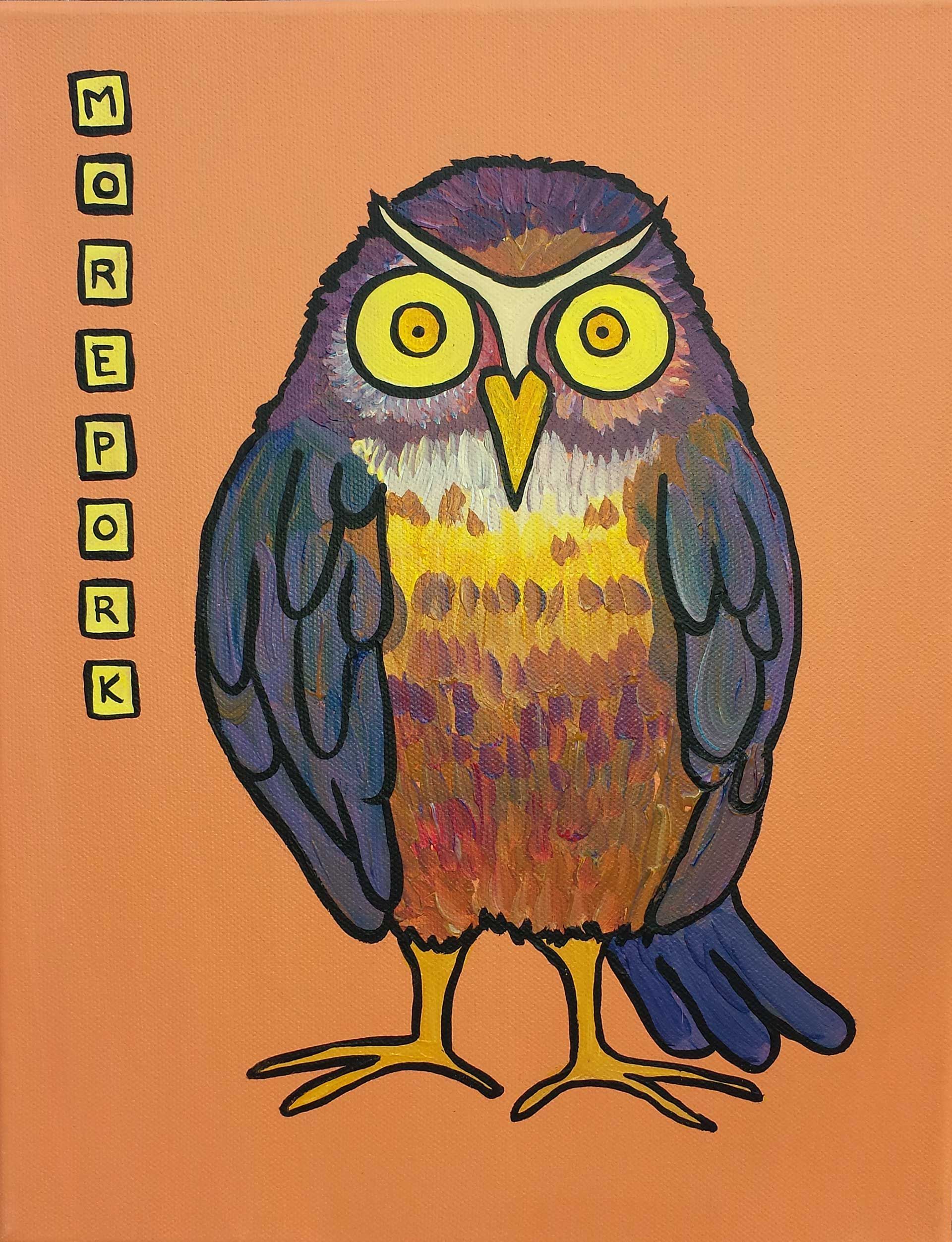 A painting of a colorful Ruru owl with yellow eyes