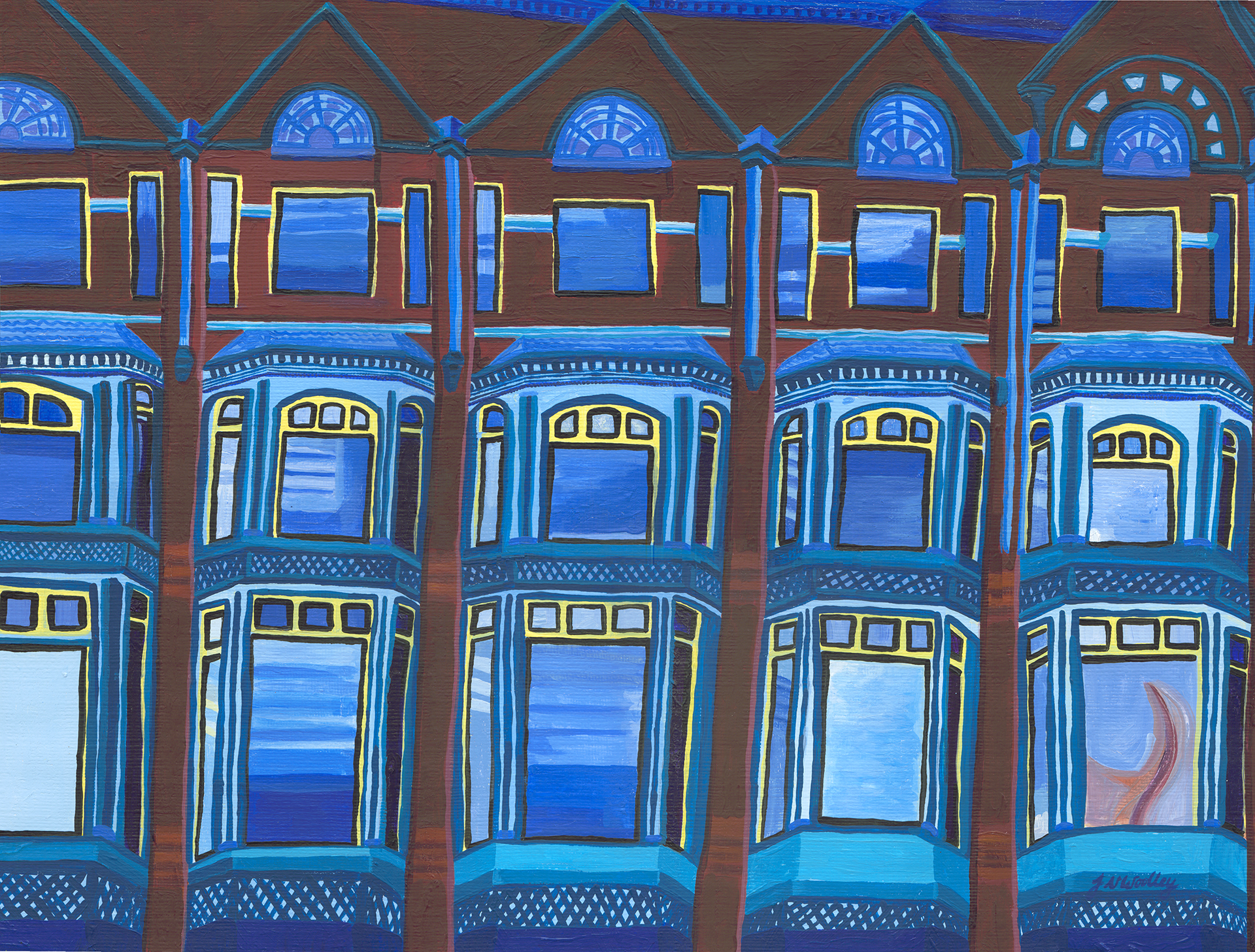 A painting of a building with blue windows