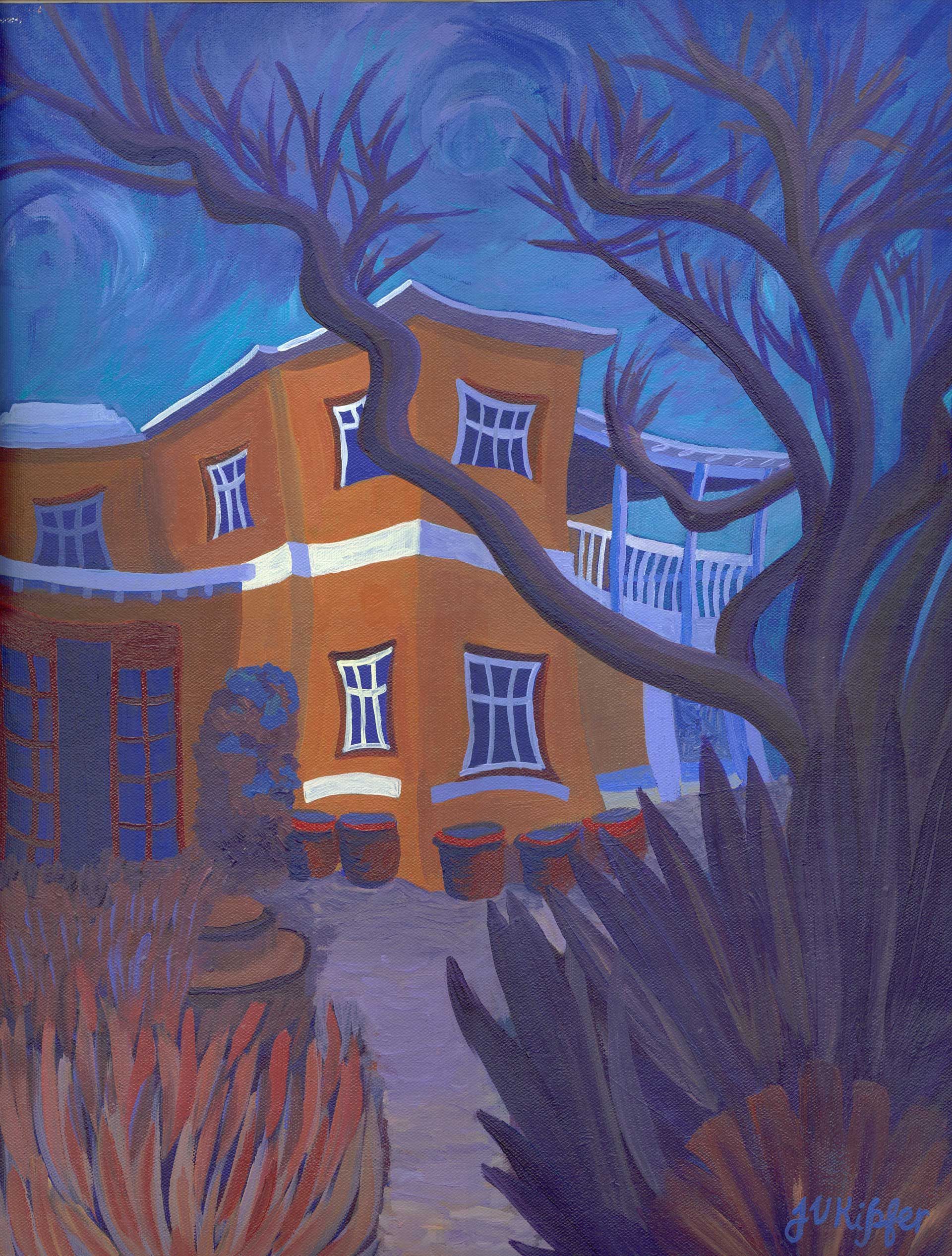 A painting of a house with a tree in front of it