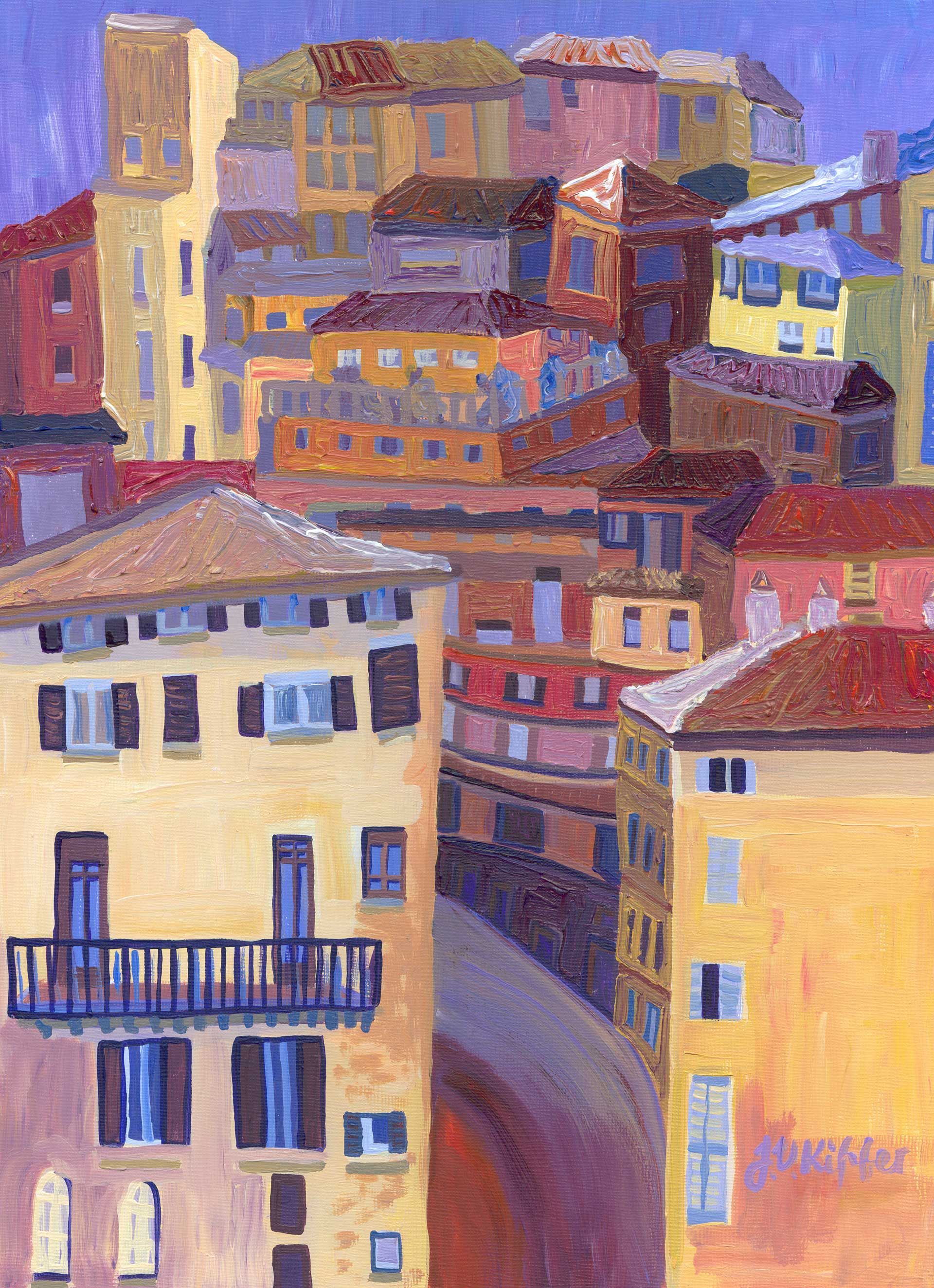 A painting of a city with lots of buildings and balconies