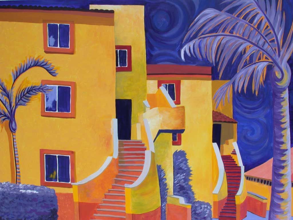 A painting of a yellow building with stairs and a palm tree