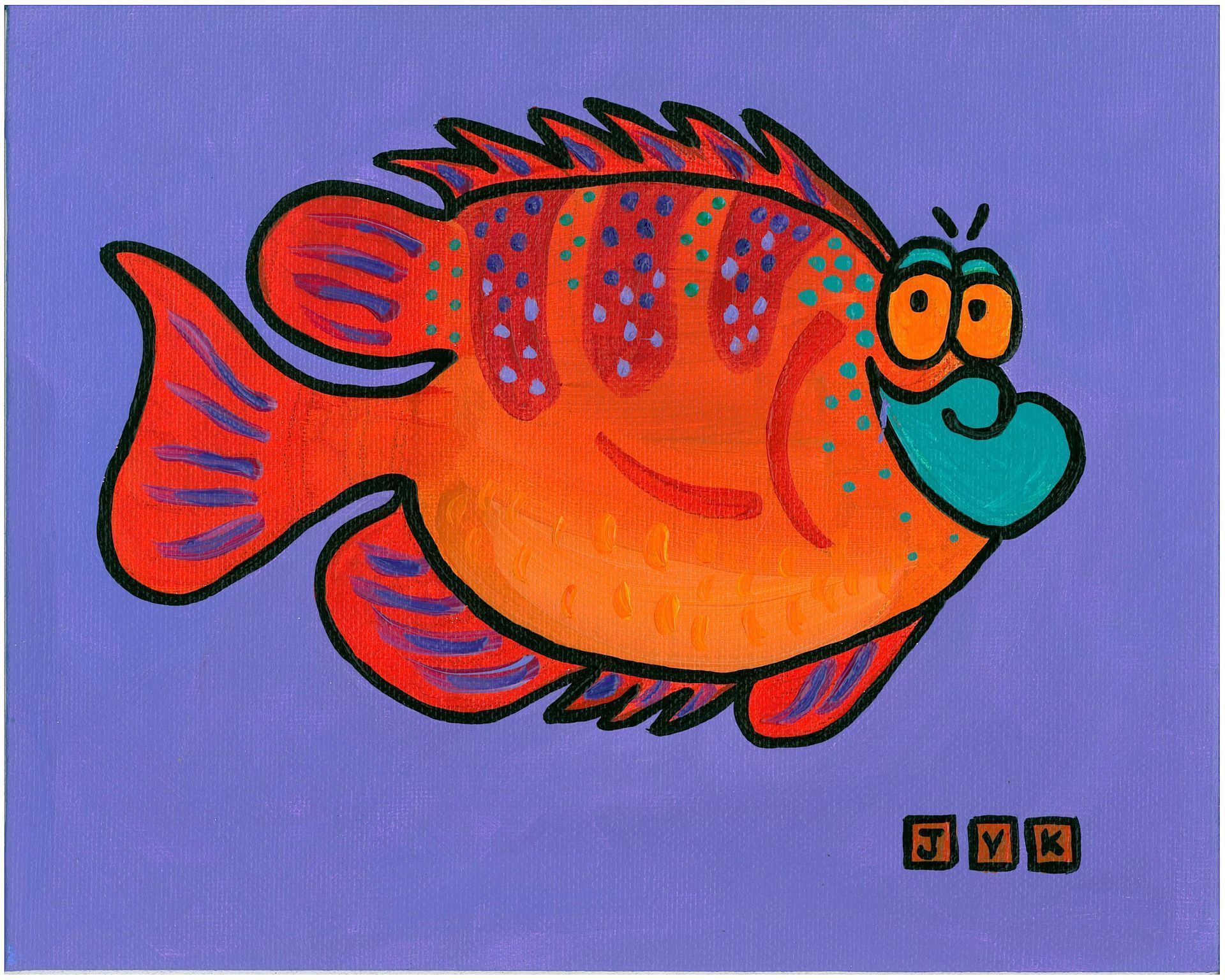 Cartoon fish with orange body and fins, blue beak, and purple accents on a blue background.