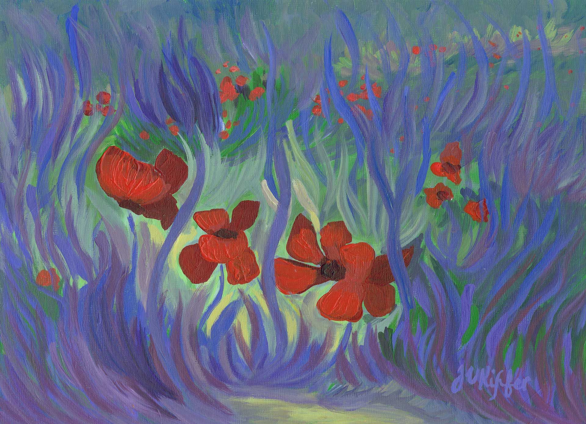 A painting of red flowers in a purple field