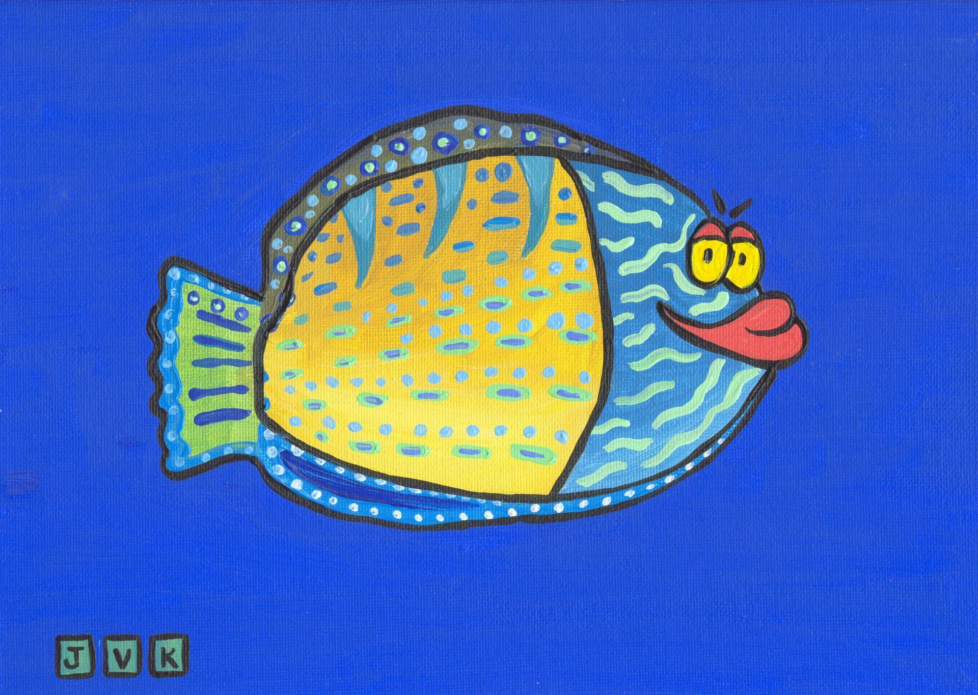 Cartoon fish with yellow body, blue and yellow patterned head, and large red lips on a blue background.