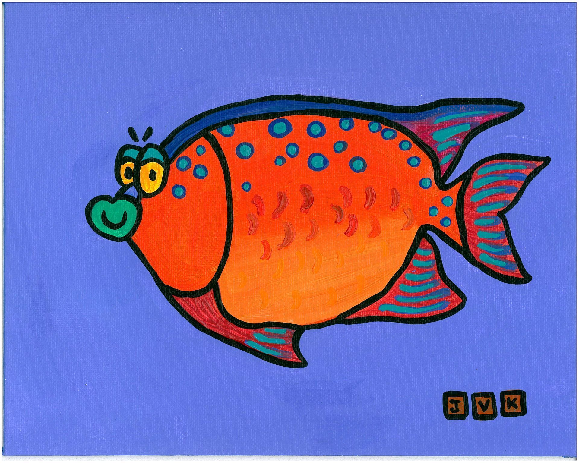 Cartoon fish with orange body, blue spots, and green lips, against a blue background.