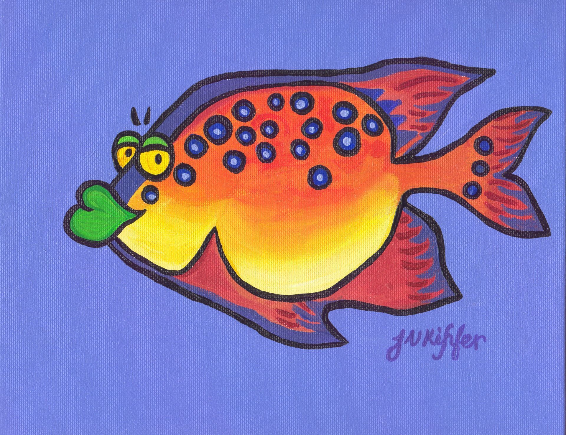 Cartoon fish with orange, yellow, and blue coloring on a blue background. It has big eyes, green lips, and blue spots.