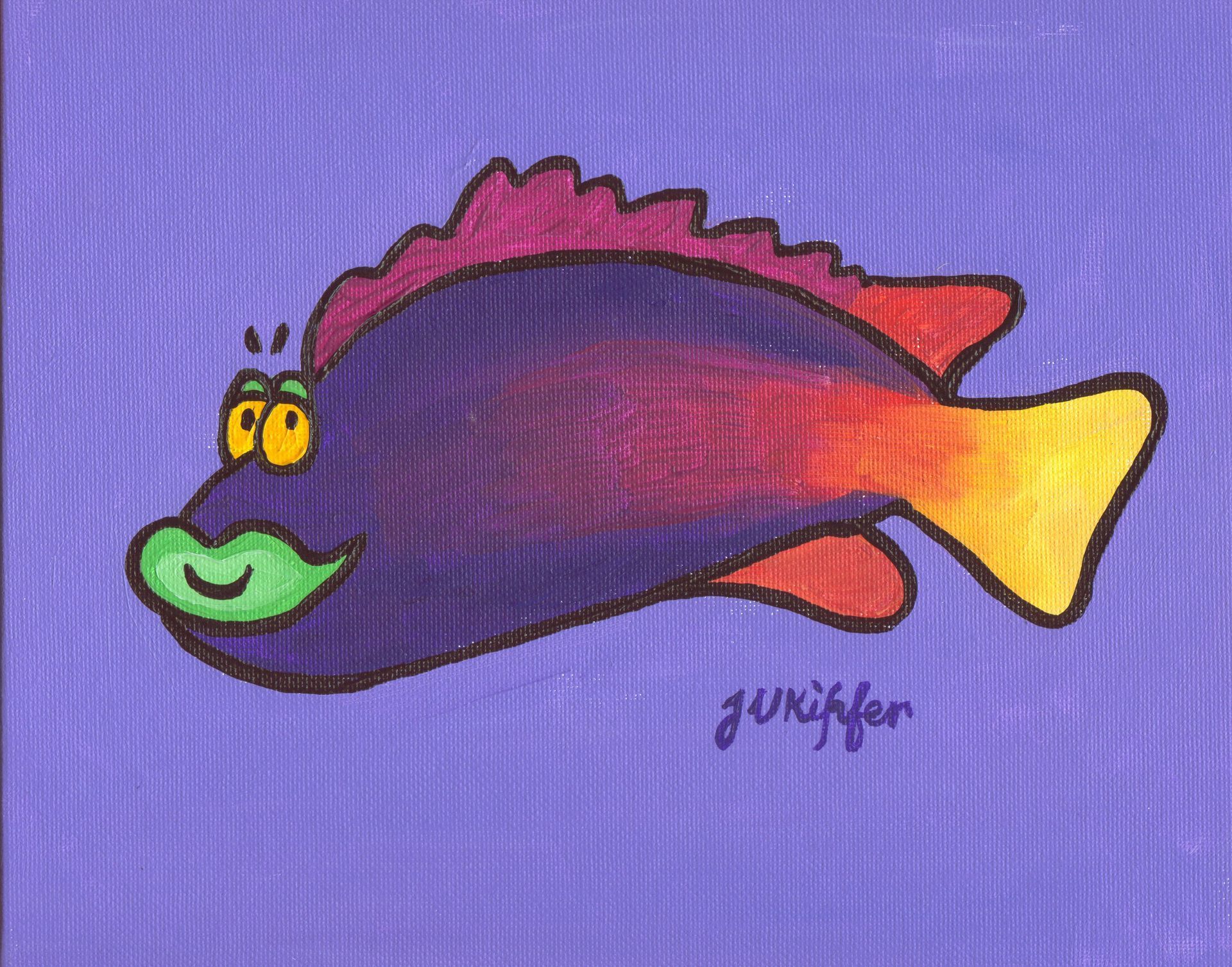 Cartoon of a smiling fish with purple body, red-orange fins, and green lips on a blue background.