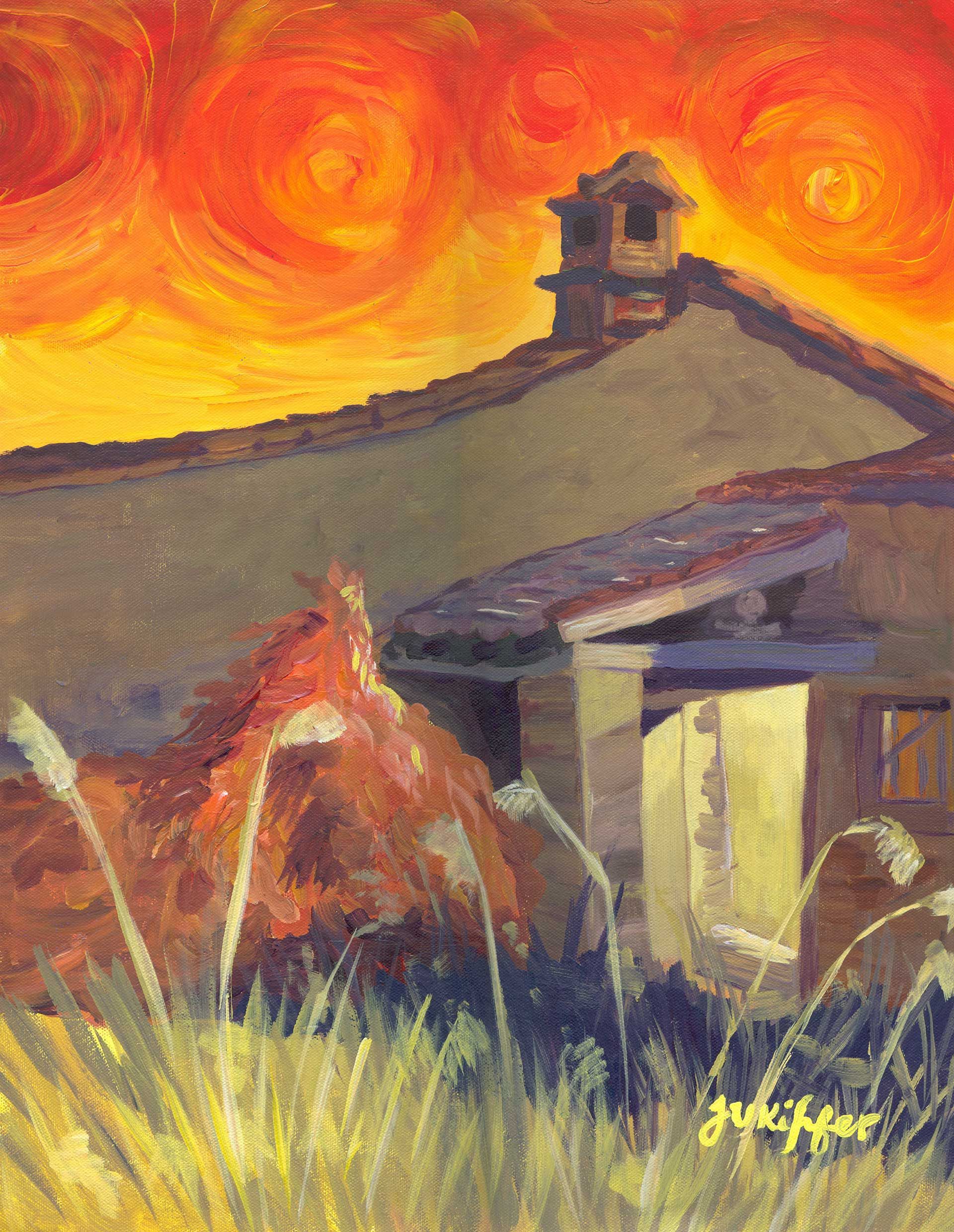 A painting of a house with a chimney on the roof