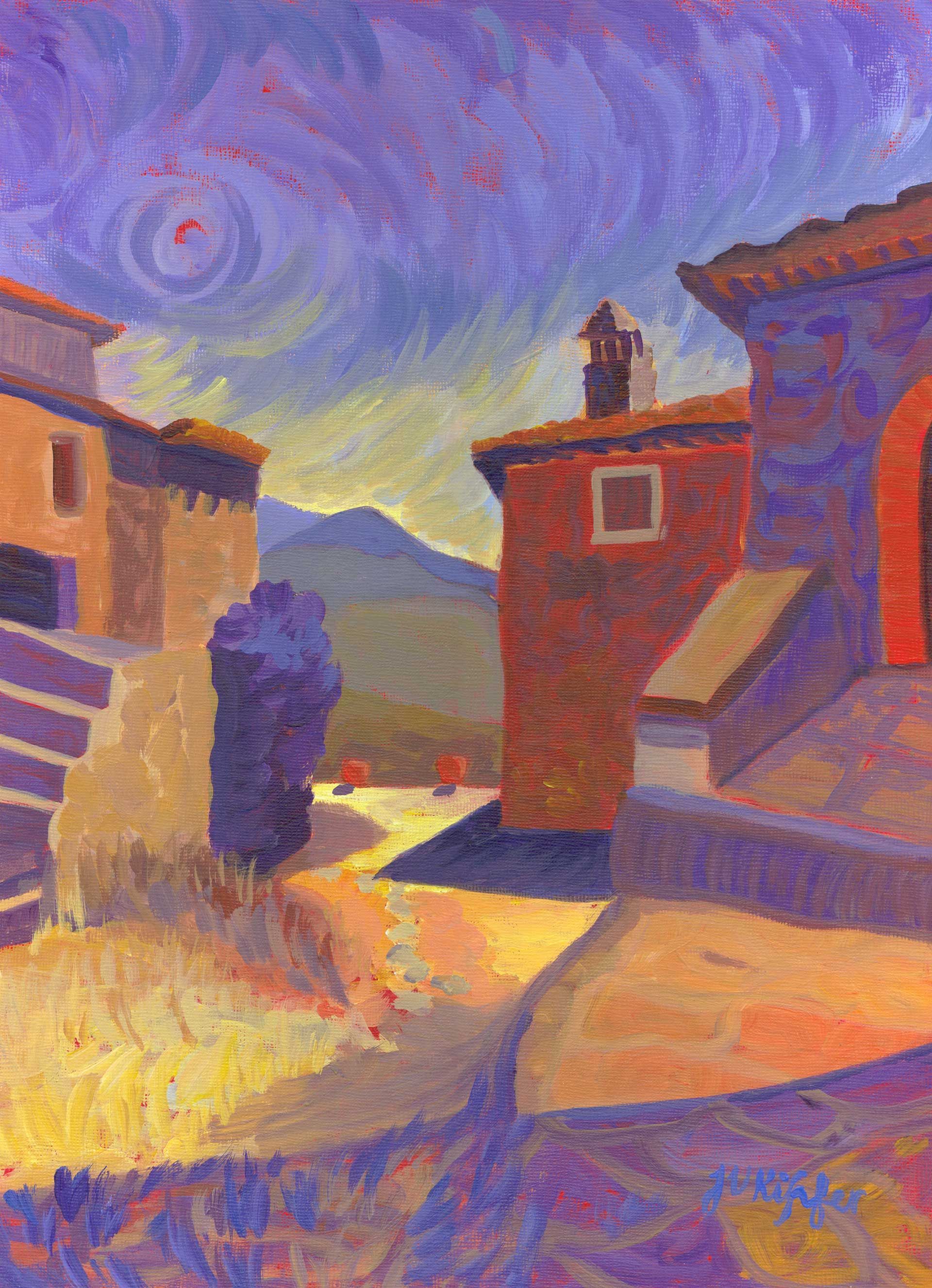 It is a painting of a village with buildings and mountains in the background.