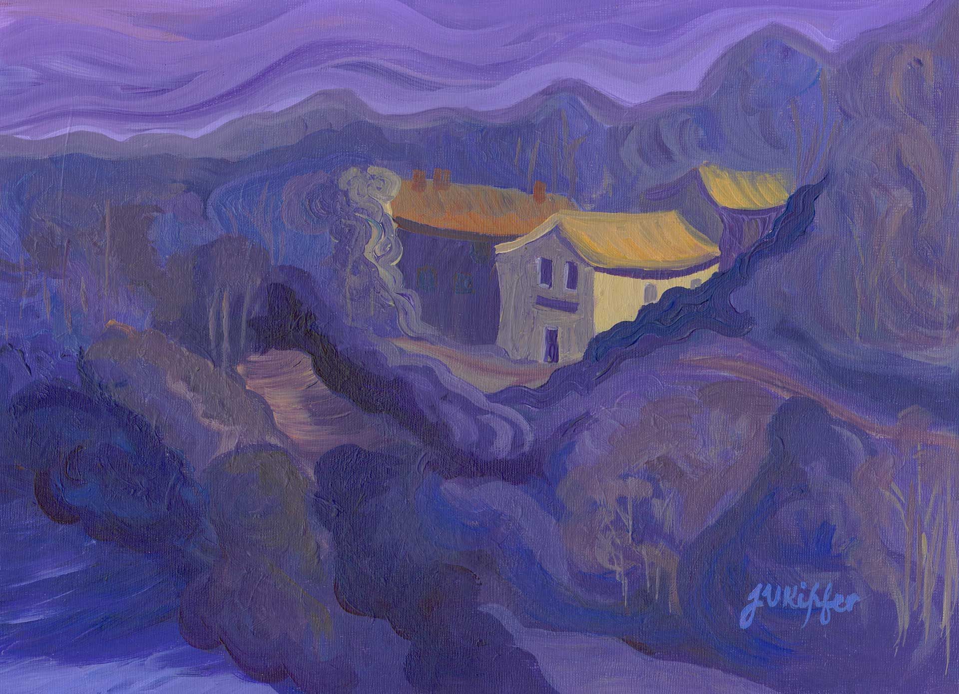 A painting of a house on a hill with mountains in the background.