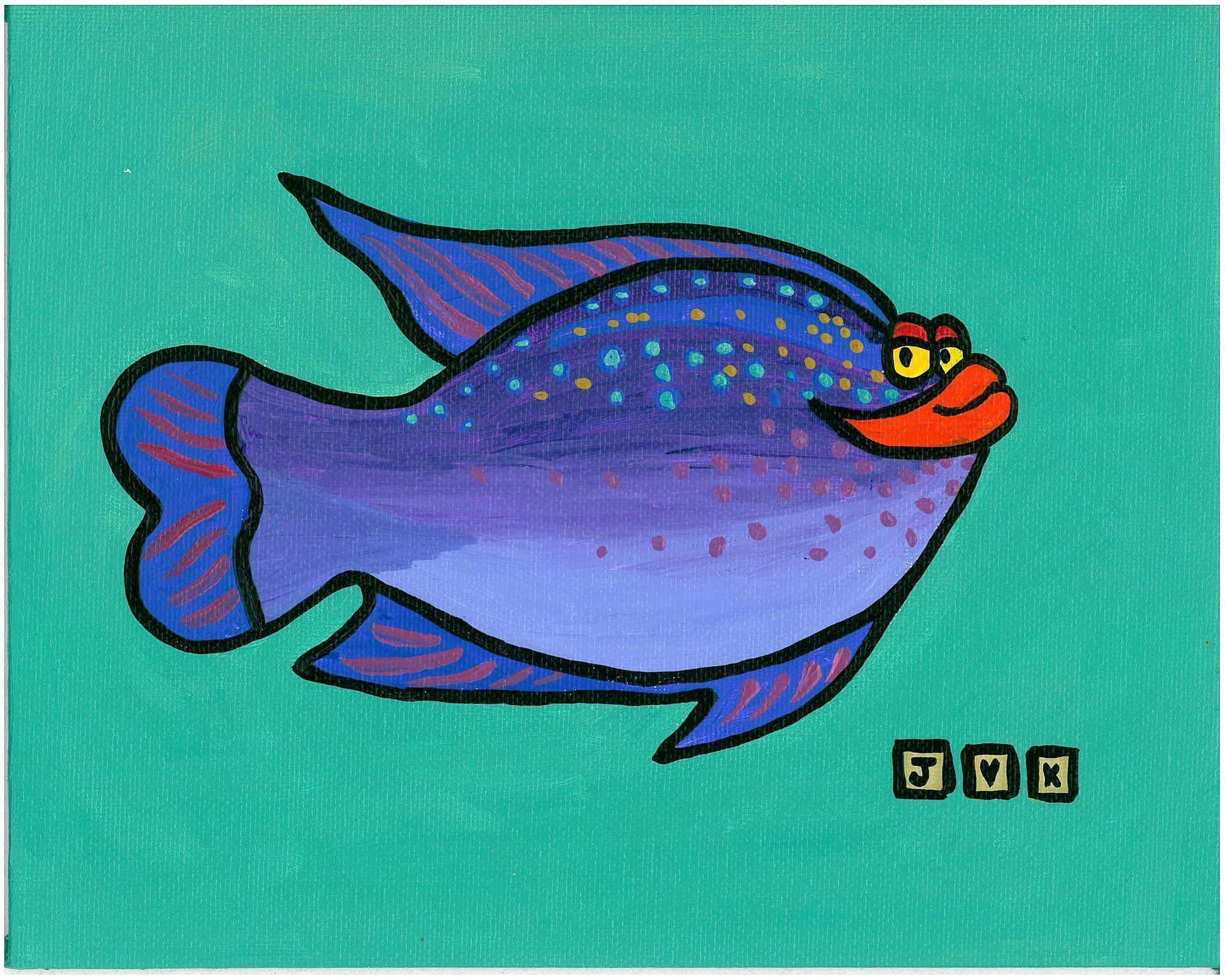 Cartoon fish with a blue body, purple and red fins, and orange lips, on a teal background.