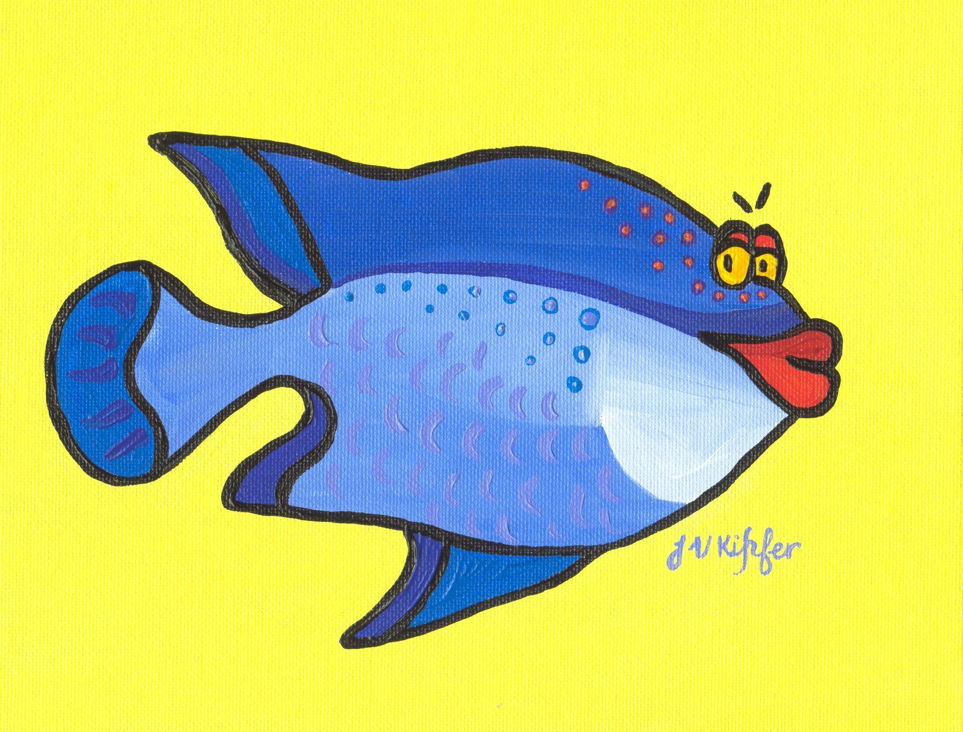 Cartoonish blue fish with big red lips and surprised expression on a yellow background.
