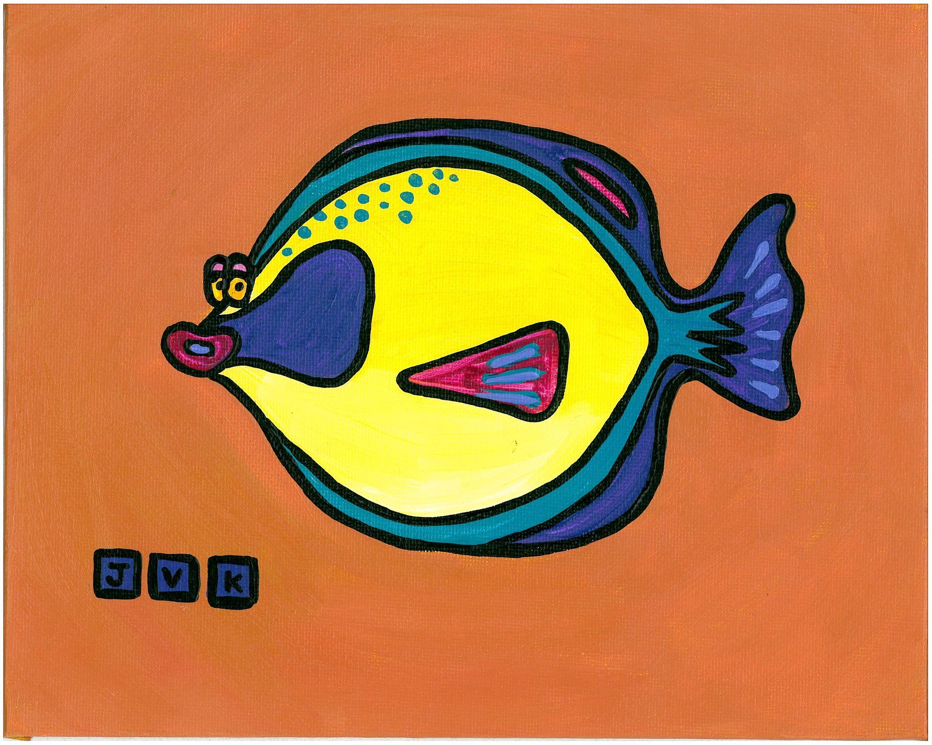 Cartoon-style yellow and blue fish on an orange background. The fish has an open red mouth and looks to the left.