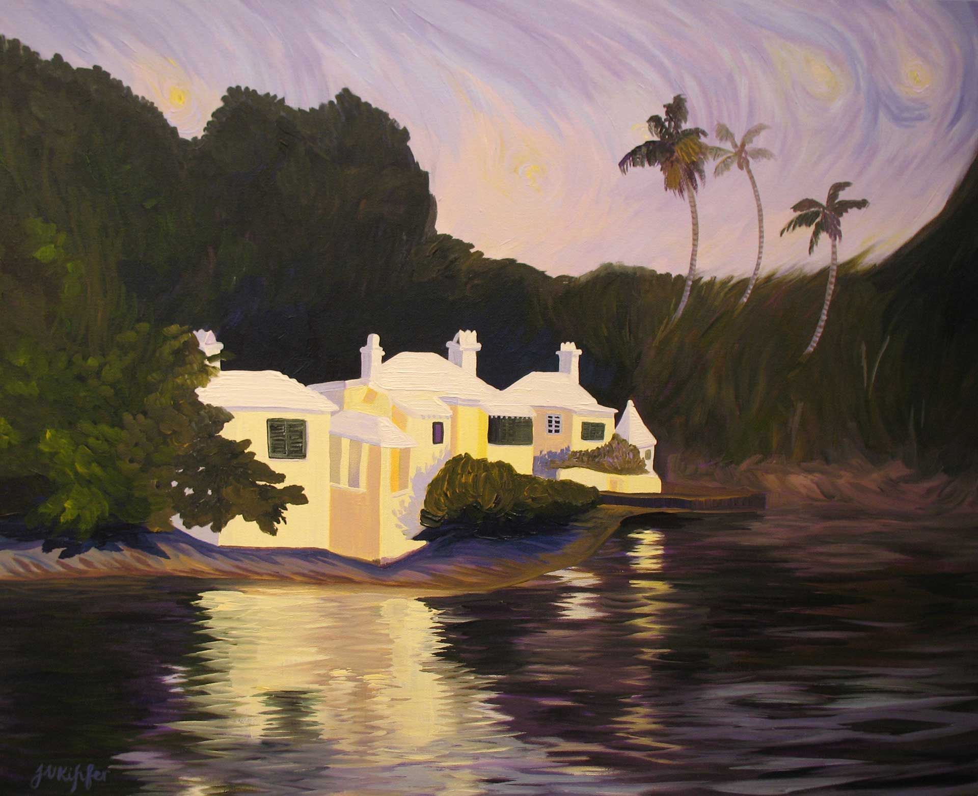 A painting of a Bermuda house next to a body of water