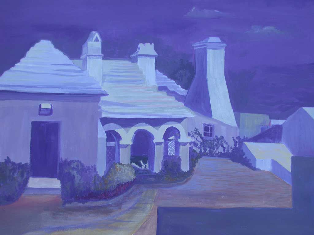 A painting of a house with a purple sky in the background.