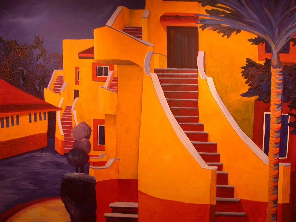 A painting of a yellow building with red stairs
