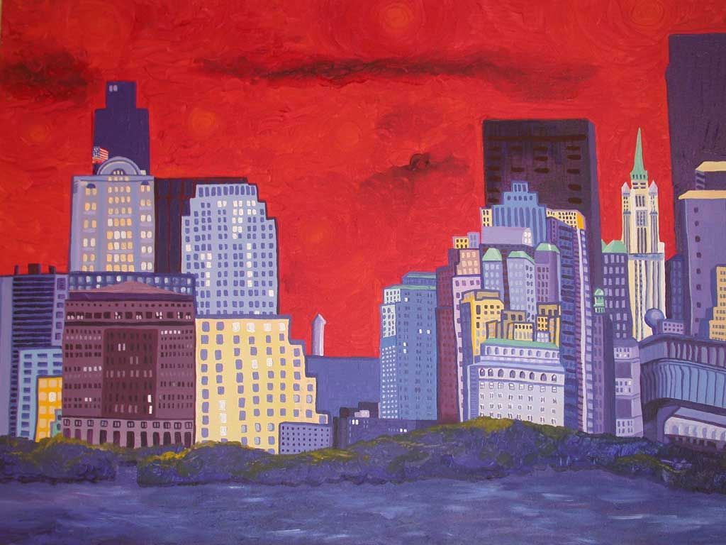 A painting of a city skyline with a red sky in the background