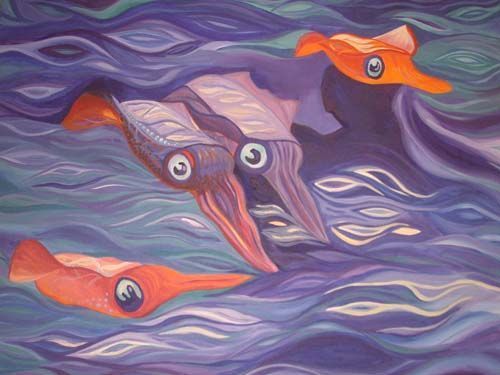 A painting of four squid swimming in the ocean.