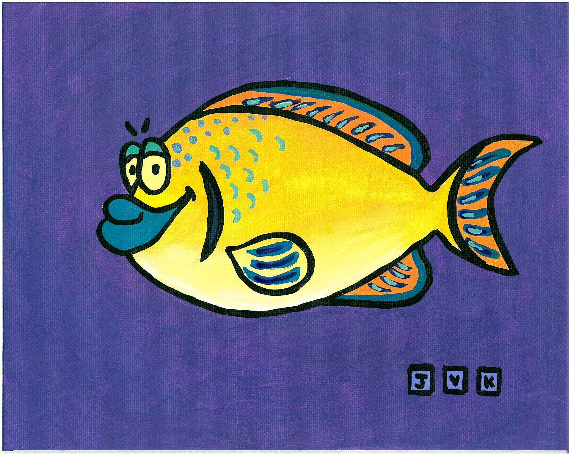 Yellow cartoon fish with a blue mouth and a playful expression on a purple background.