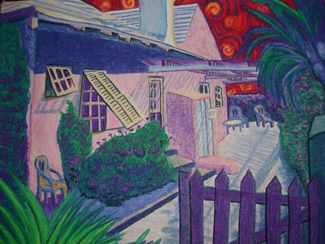 A painting of a house with a purple picket fence