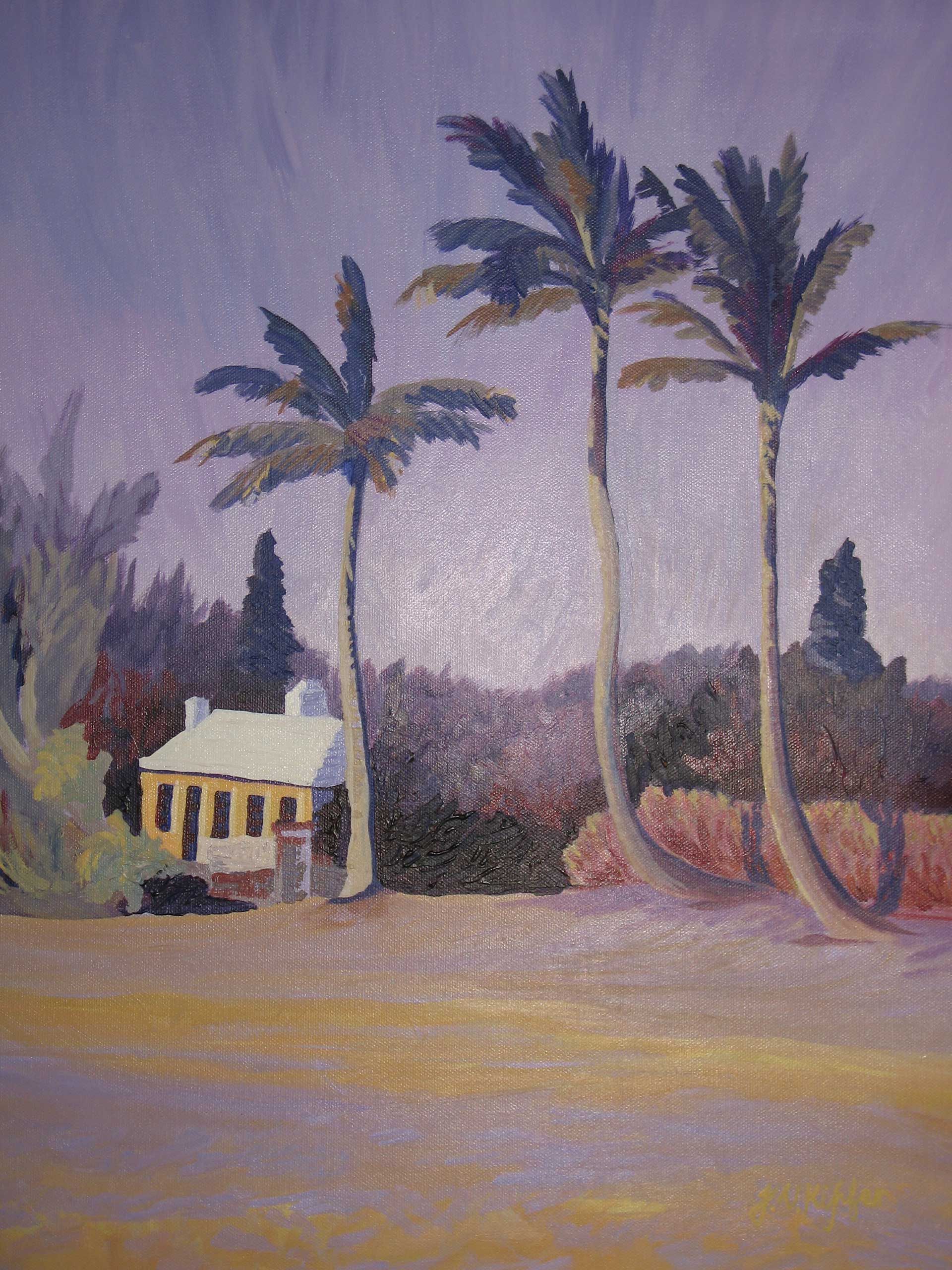 A painting of a house surrounded by palm trees