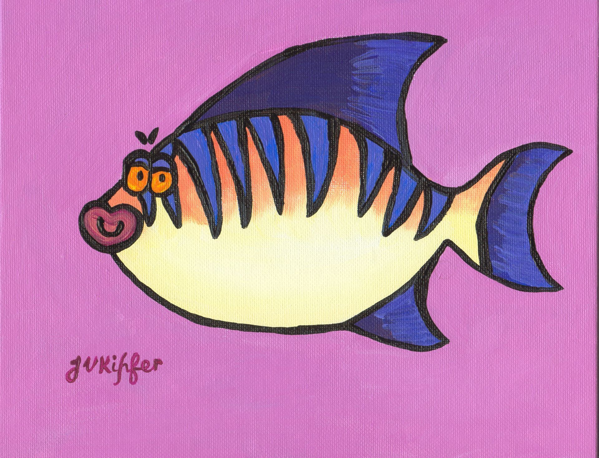 Cartoon fish with blue and orange stripes, a large smile, and a purple background.