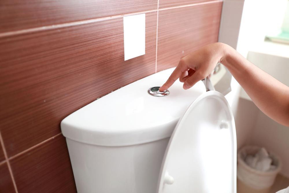 A Person is Pressing a Button on a Toilet in a Bathroom — Absolute Plumbing Australia in Darwin, NT