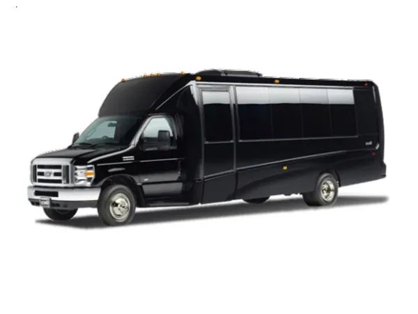A black shuttle bus is parked on a white background.