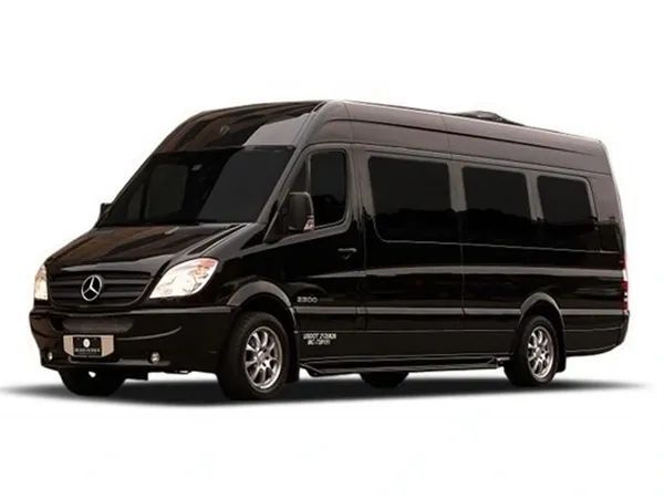A black mercedes sprinter van is parked on a white background.