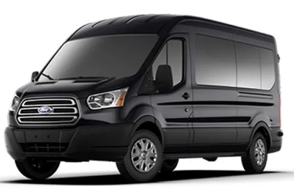 A black ford van is parked on a white background