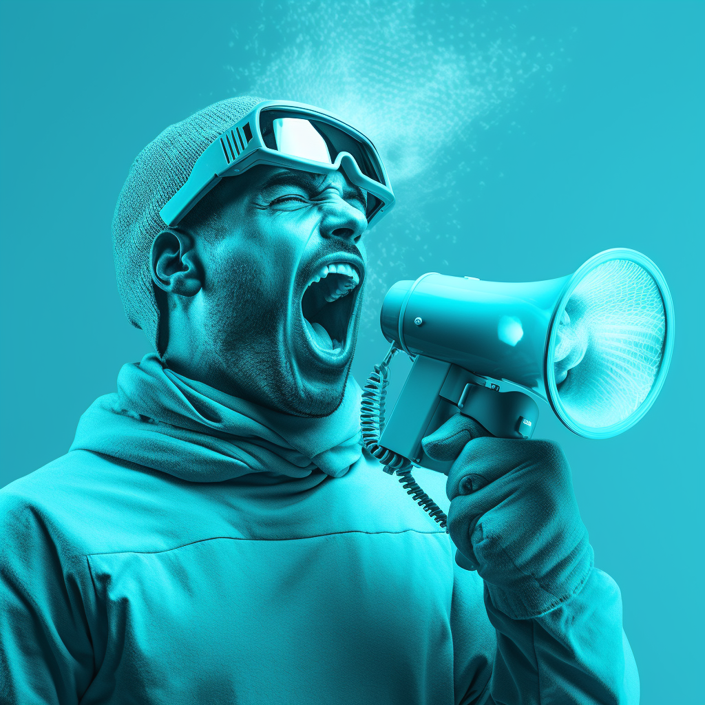 a man wearing goggles is screaming into a megaphone