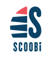 SCOOBi logo: Blue and red abstract design beside large blue