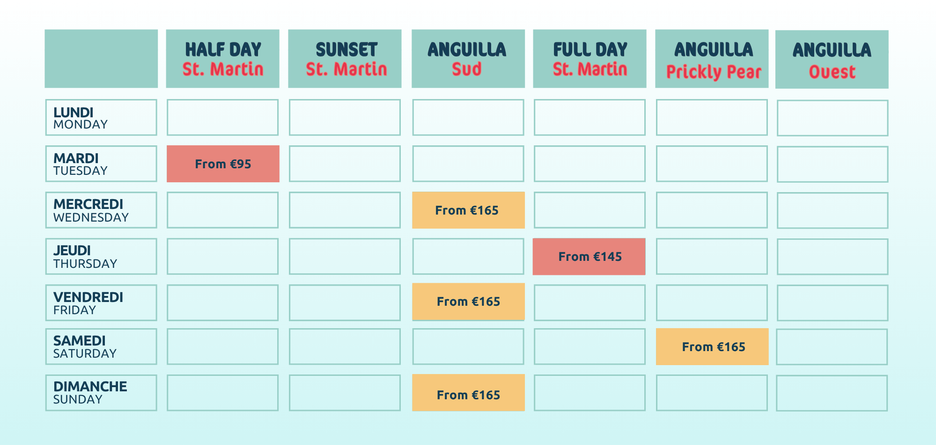 Un tableau répertoriant les activités telles que Demi-journée à la Saint-Martin, Journée complète à la Saint-Martin, etc.