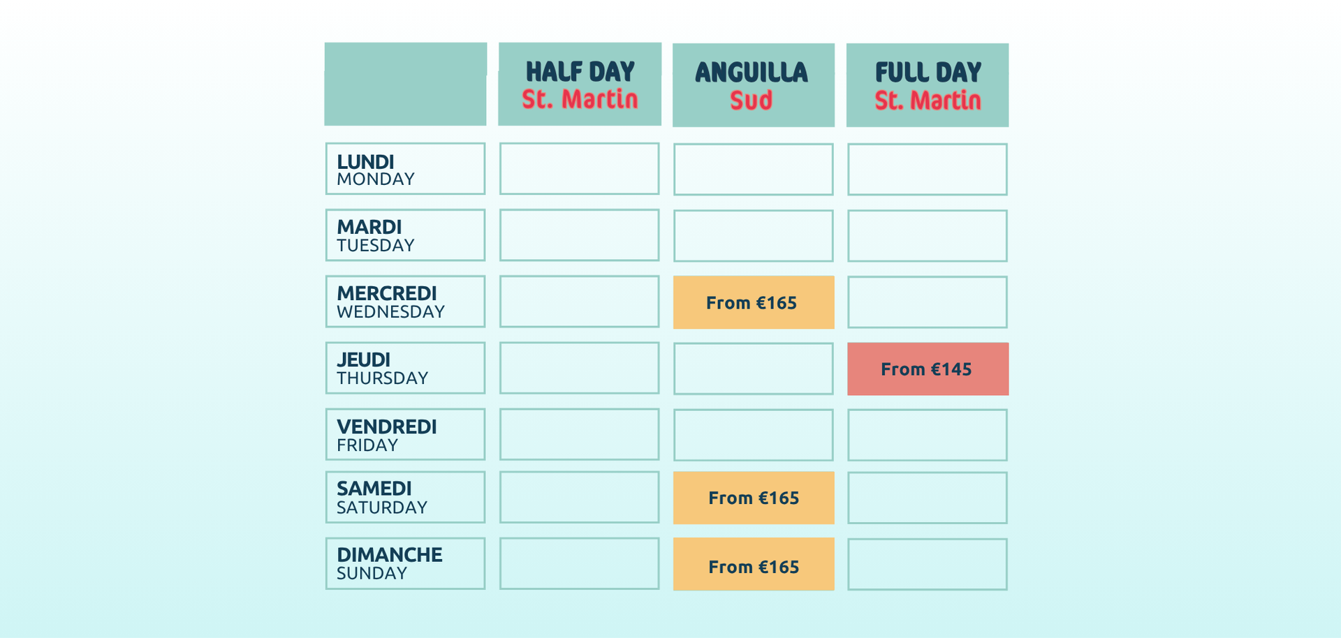A blue-themed calendar scheduling events for different locations.