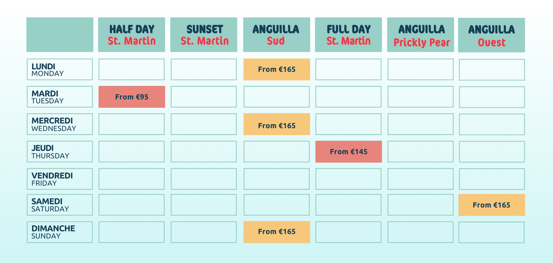 Un tableau répertoriant les activités telles que Demi-journée à la Saint-Martin, Journée complète à la Saint-Martin, etc.