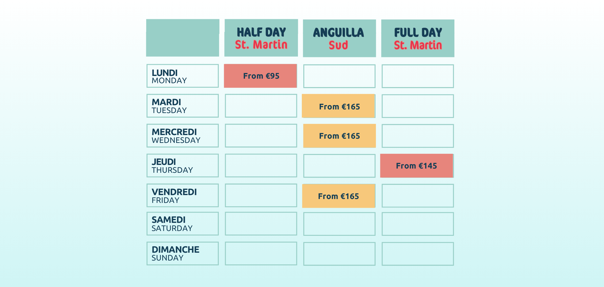 A blue-themed calendar scheduling events for different locations.