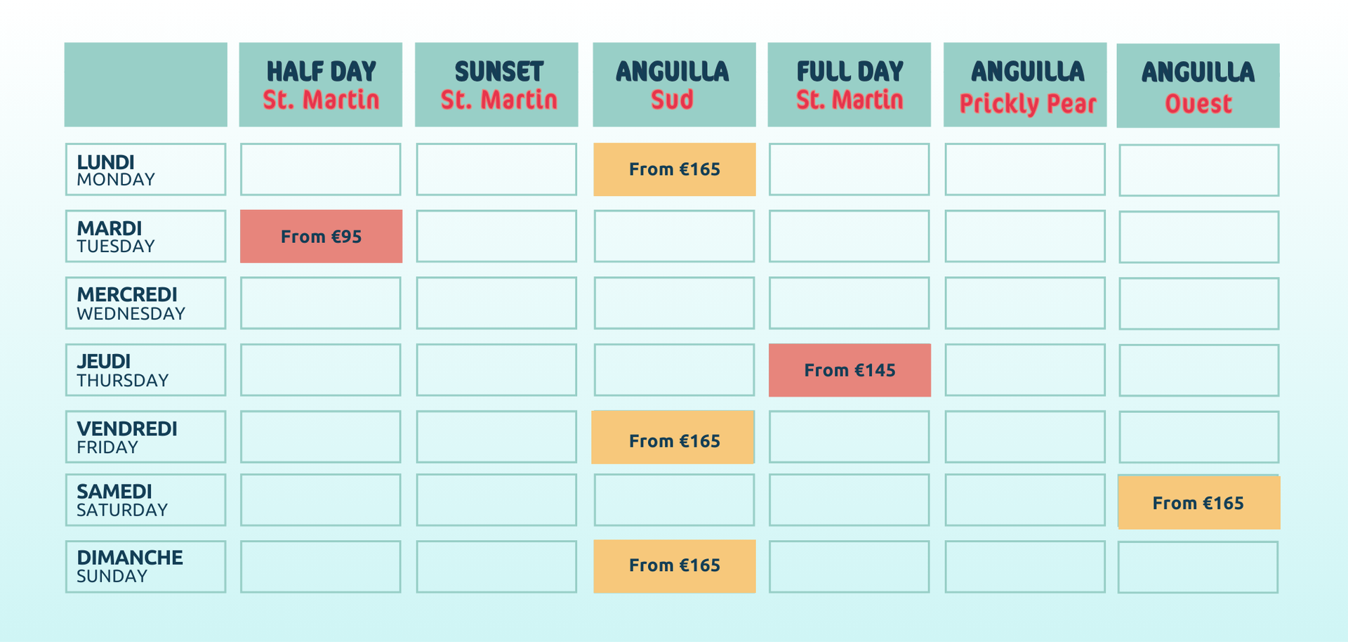 Un tableau répertoriant les activités telles que Demi-journée à la Saint-Martin, Journée complète à la Saint-Martin, etc.