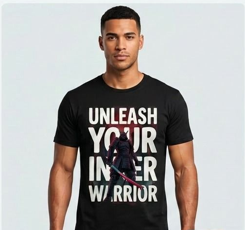 Man in black T-shirt with bold white text on a light gray background