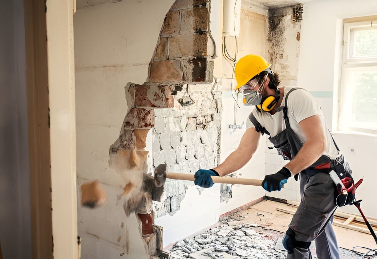 Construction Worker Wearing Safety Gear, Demolishing a Wall — Ecowave Solutions In Gosford, NSW