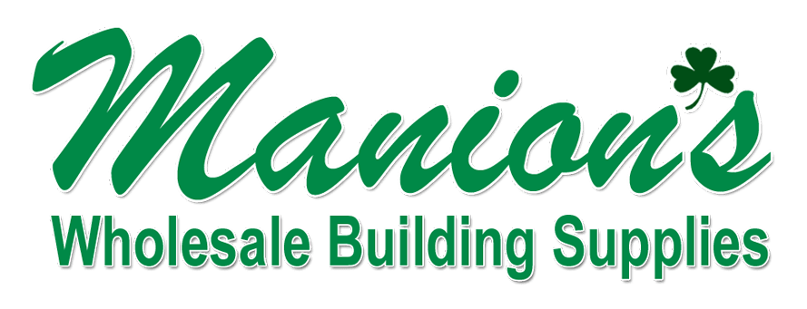 The logo for Manion's Wholesale Building Supplies in green script font, featuring a small shamrock above the letter 's'.