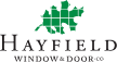 Logo for Hayfield Window & Door Co., featuring a green stylized maple leaf icon above black text.