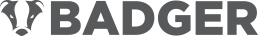 A gray logo featuring a stylized badger head icon to the left of the uppercase word 