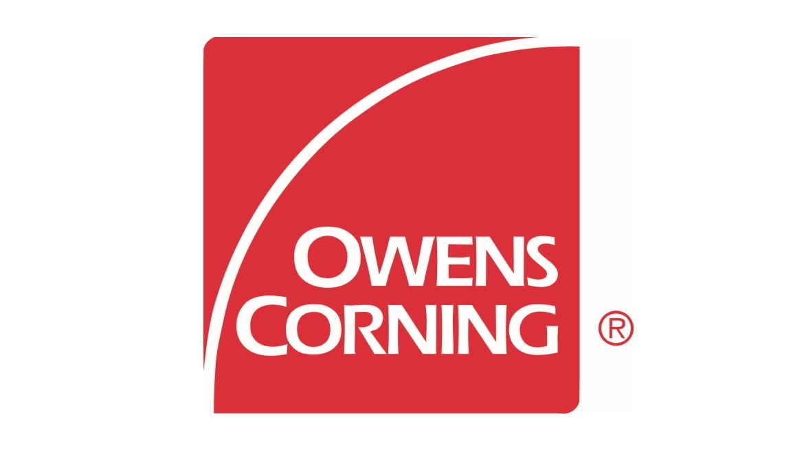 The Owens Corning logo: white text on a red square background with a curved white line sweeping across the top.