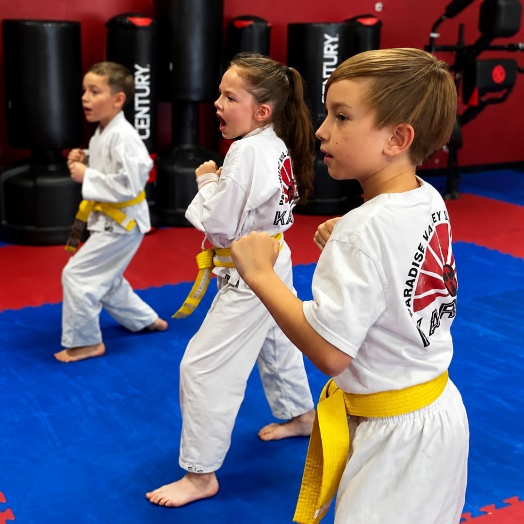 Children in colorful gis play a game on a mat. Two instructors pull a student in blue.