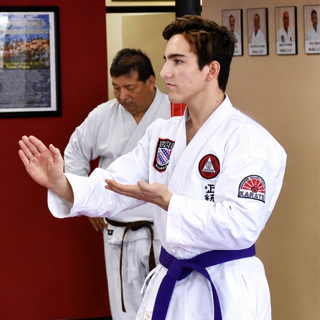 People practicing jiu-jitsu on mats, wearing gis in blue, black, and gray. Active grappling, gym setting.