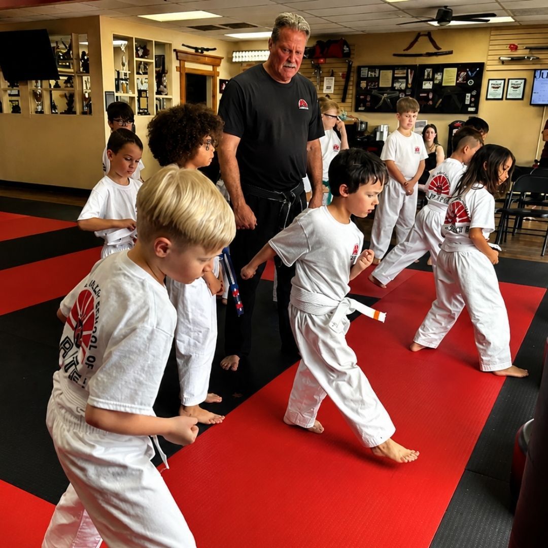 Two children grappling on a mat, one in a headlock.