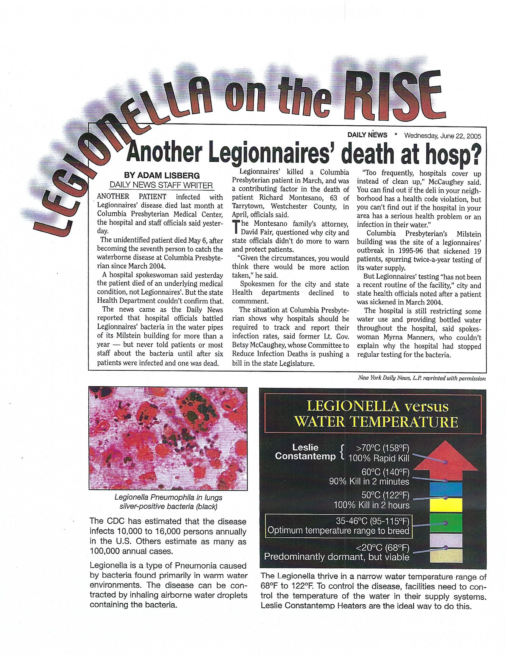 A newspaper article about legionella on the rise
