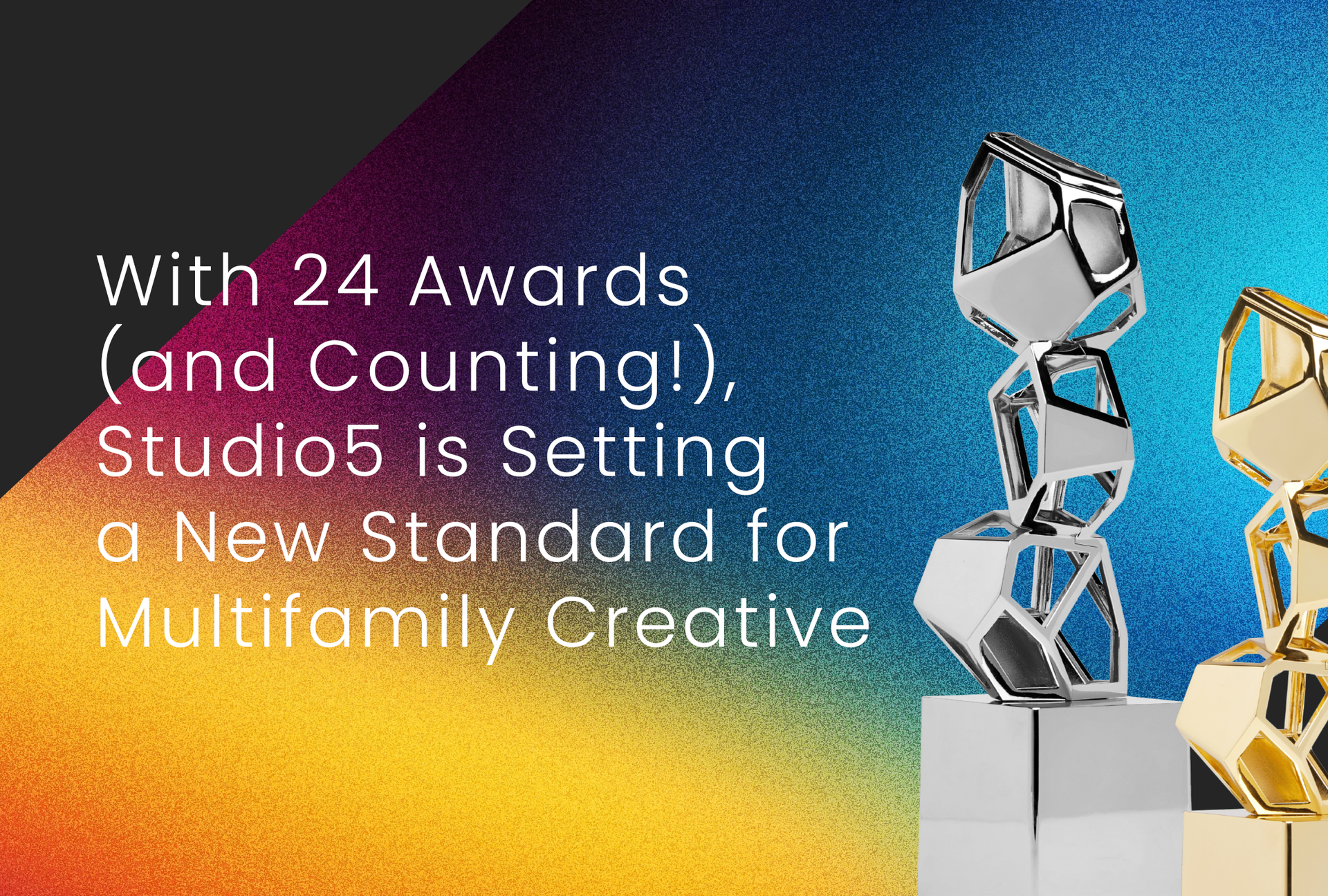 A promotional graphic featuring silver and gold geometric sculptures alongside the headline 