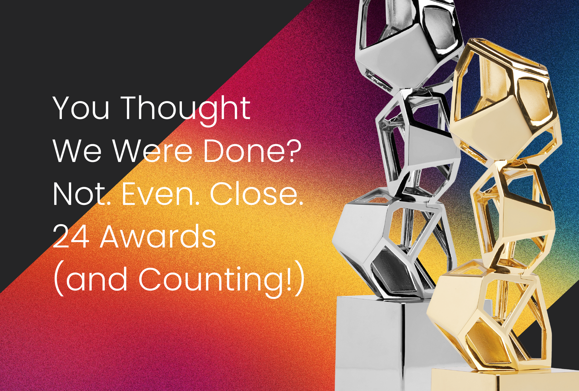 A promotional graphic featuring silver and gold geometric sculptures alongside the headline 